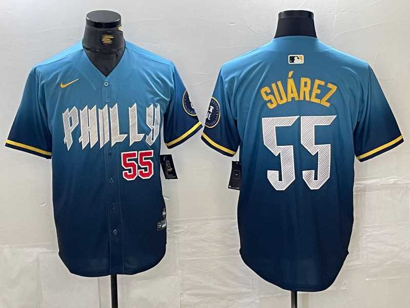 Mens Philadelphia Phillies #55 Ranger Suarez Blue 2024 City Player Number Cool Base Jerseys